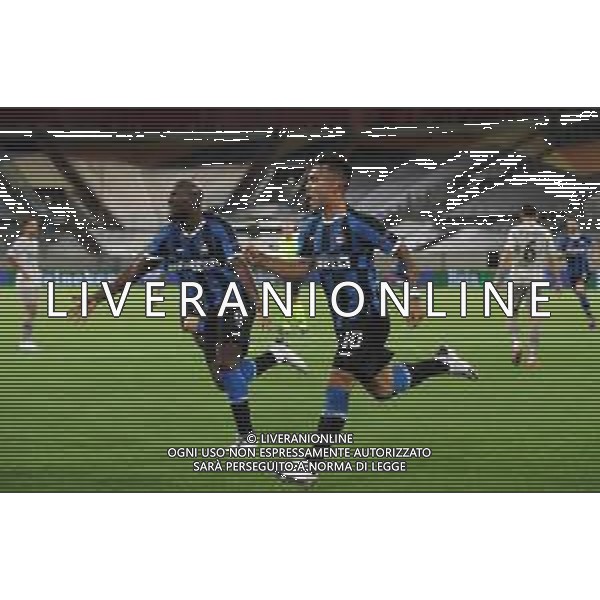 DUESSELDORF, GERMANY - AUGUST 17: Lautaro Martinez of Inter Milan celebrates after scoring his team\'s first goal during the UEFA Europa League Semi Final between Internazionale and Shakhtar Donetsk at Merkur Spiel-Arena on August 17, 2020 in Duesseldorf, Germany. (Photo by Alexander Hassenstein - UEFA/UEFA via Getty Images) AG ALDO LIVERANI SAS