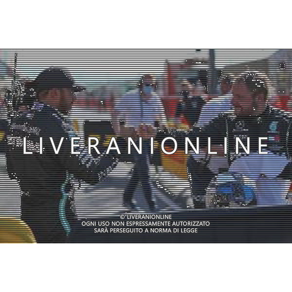 (L to R): Lewis Hamilton (GBR) Mercedes AMG F1 celebrates his pole position in qualifying parc ferme with third placed team mate Valtteri Bottas (FIN) Mercedes AMG F1. 12.09.2020. Formula 1 World Championship, Rd 9, Tuscan Grand Prix, Mugello, Italy, Qualifying Day. - www.xpbimages.com, EMail: requests@xpbimages.com © Copyright: Batchelor / XPB Images/ AGENZIA ALDO LIVERANI SAS - ITALY ONLY EDITORIAL USE ONLY