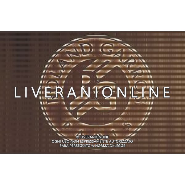 Roland Garros 2020, Grand Slam tournament - Tennis Internationals, 05 October 2020 Roland Garros stadium, paris, france, Italy Photo showing: Roland Garros logotype cuts out of the wood en lightened illustration @LM/DPPI/DPPI/Stephane Allaman
