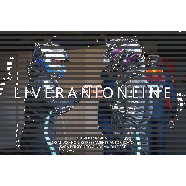 (L to R): Valtteri Bottas (FIN) Mercedes AMG F1 celebrates his pole position in qualifying parc ferme with second placed team mate Lewis Hamilton (GBR) Mercedes AMG F1. 10.10.2020. Formula 1 World Championship, Rd 11, Eifel Grand Prix, Nurbugring, Germany, Qualifying Day. - www.xpbimages.com, EMail: requests@xpbimages.com © Copyright: FIA Pool Image for Editorial Use Only/ AGENZIA ALDO LIVERANI SAS - ITALY ONLY EDITORIAL USE ONLY