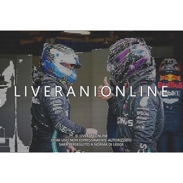 (L to R): Valtteri Bottas (FIN) Mercedes AMG F1 celebrates his pole position in qualifying parc ferme with second placed team mate Lewis Hamilton (GBR) Mercedes AMG F1. 10.10.2020. Formula 1 World Championship, Rd 11, Eifel Grand Prix, Nurbugring, Germany, Qualifying Day. - www.xpbimages.com, EMail: requests@xpbimages.com © Copyright: FIA Pool Image for Editorial Use Only/ AGENZIA ALDO LIVERANI SAS - ITALY ONLY EDITORIAL USE ONLY