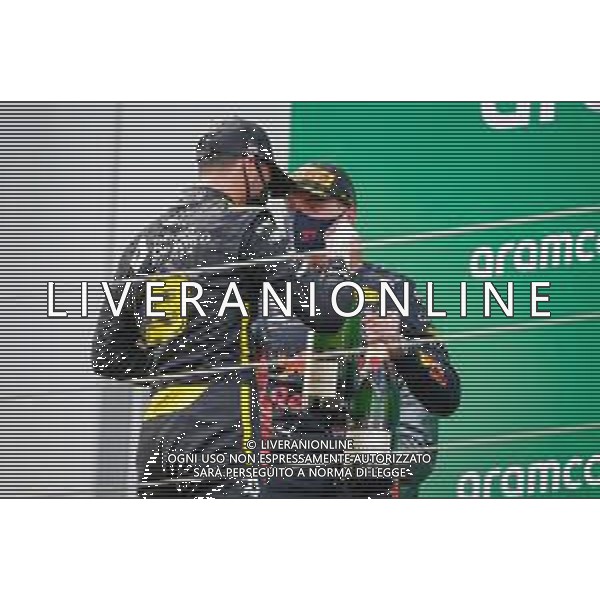 Formula 1 Aramco Grosser Preis Der Eifel 2020, Eifel Grand Prix - Sunday - Formula 1 Championship, 11 October 2020 Nurburgring, nurburg, germany, Italy Photo showing: RICCIARDO Daniel (aus), Renault F1 Team RS20, portrait celebrating his podium with VERSTAPPEN Max (ned), Aston Martin Red Bull Racing Honda RB16, portrait @LM/DPPI/DPPI/Antonin Vincent AG ALDO LIVERANI SAS