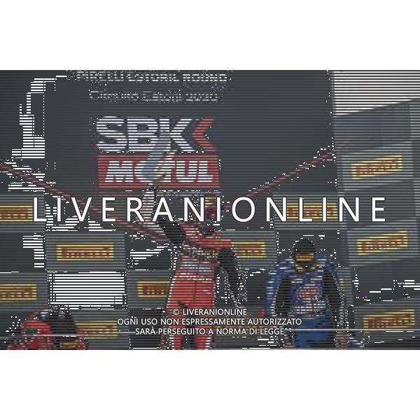 Round 8 Pirelli Estoril Round Race2 - World SuperBike - SBK, 18 October 2020 estoril, portugal, Italy Photo showing: N°7 Chaz Davies GBR Ducati Panigale V4R ARUBA.IT Racing - Ducati 1st Classified Podium @LM/Otto Moretti AG ALDO LIVERANI SAS
