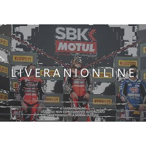 Round 8 Pirelli Estoril Round Race2 - World SuperBike - SBK, 18 October 2020 estoril, portugal, Italy Photo showing: Podium N°7 Chaz Davies GBR Ducati Panigale V4R ARUBA.IT Racing - Ducati 1st Classified N°45 Scott Redding GBR Ducati Panigale V4R ARUBA.IT Racing - Ducati 2st Classified Chaz Davies & Scott Redding N°54 Toprak Razgatlioglu TUR Yamaha YZF R1 Pata Yamaha WorldSBK Team 3st classified @LM/Otto Moretti AG ALDO LIVERANI SAS