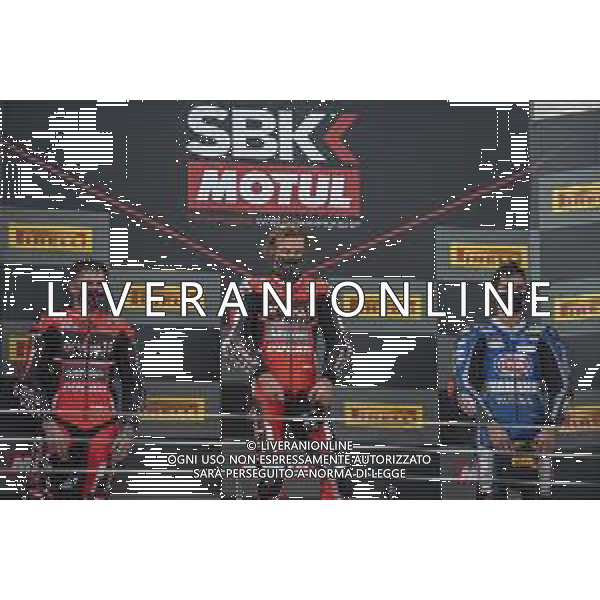 Round 8 Pirelli Estoril Round Race2 - World SuperBike - SBK, 18 October 2020 estoril, portugal, Italy Photo showing: Podium N°7 Chaz Davies GBR Ducati Panigale V4R ARUBA.IT Racing - Ducati 1st Classified N°45 Scott Redding GBR Ducati Panigale V4R ARUBA.IT Racing - Ducati 2st Classified Chaz Davies & Scott Redding N°54 Toprak Razgatlioglu TUR Yamaha YZF R1 Pata Yamaha WorldSBK Team 3st classified @LM/Otto Moretti AG ALDO LIVERANI SAS