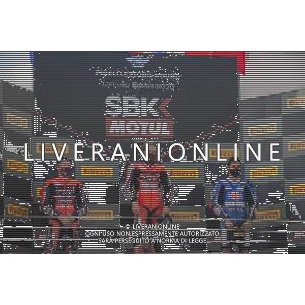 Round 8 Pirelli Estoril Round Race2 - World SuperBike - SBK, 18 October 2020 estoril, portugal, Italy Photo showing: Podium N°7 Chaz Davies GBR Ducati Panigale V4R ARUBA.IT Racing - Ducati 1st Classified N°45 Scott Redding GBR Ducati Panigale V4R ARUBA.IT Racing - Ducati 2st Classified Chaz Davies & Scott Redding N°54 Toprak Razgatlioglu TUR Yamaha YZF R1 Pata Yamaha WorldSBK Team 3st classified @LM/Otto Moretti AG ALDO LIVERANI SAS