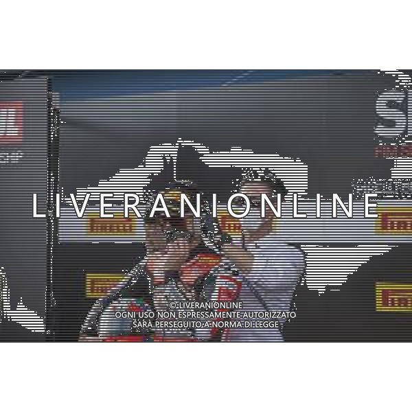 Round 8 Pirelli Estoril Round Race2 - World SuperBike - SBK, 18 October 2020 estoril, portugal, Italy Photo showing: N¬∞7 Chaz Davies GBR Ducati Panigale V4R ARUBA.IT Racing - Ducati 1st Classified Chaz Davies talk with TV @LM/Otto Moretti AG ALDO LIVERANI SAS