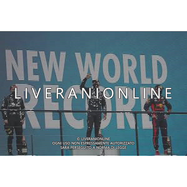 1st place Lewis Hamilton (GBR) Mercedes AMG F1 W11, 2nd place Valtteri Bottas (FIN) Mercedes AMG F1 W11 and 3rd place Max Verstappen (NLD) Red Bull Racing RB16. 25.10.2020. Formula 1 World Championship, Rd 12, Portuguese Grand Prix, Portimao, Portugal, Race Day. - www.xpbimages.com, EMail: requests@xpbimages.com © Copyright: Batchelor / XPB Images/AGENZIA ALDO LIVERANI SAS - ITALY ONLY EDITORIAL USE ONLY