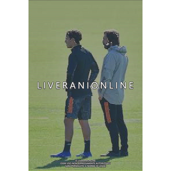 Torino 27.10.2020 Centro Sportivo Continassa Alessandro Falzone/Ag. Aldo Liverani sas Allenamento di vigilia del match Juventus Barcellona Nella foto: Paulo Dybala-Andrea Pirlo ©FALZONE / AGENZIA ALDO LIVERANI SAS