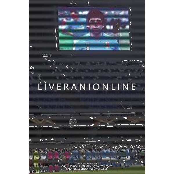 NAPOLI - RIJEKA UEFA EUROPA LEAGUE 26.11.2020 NELLA FOTO LA FOTO RICORDO PER LA MORTE DI DIEGO ARMANDO MARADONA SUL TABELLONE LUMINOSO DELLO STADIO DURANTE IL MINUTO DI SILENZIO ©MOSCA/AGENZIA ALDO LIVERANI SAS