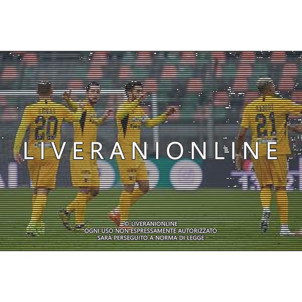 Venezia vs Ascoli - Italian Football Championship League BKT 2020/2021, 28 November 2020 Pier Luigi Penzo stadium, Venice, Italy Photo showing: Raffaele Pucino (Ascoli) celebrates after scoring a goal with team-mates - esultanza dopo il gol @LM/Ettore Griffoni/ AGENZIA ALDO LIVERANI SAS