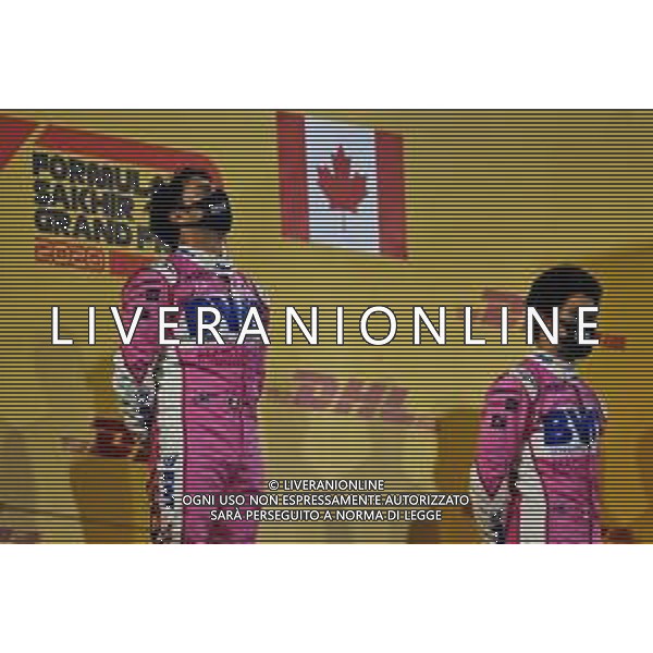 (L to R): Race winner Sergio Perez (MEX) Racing Point F1 Team celebrates on the podium with third placed team mate Lance Stroll (CDN) Racing Point F1 Team. 06.12.2020. Formula 1 World Championship, Rd 16, Sakhir Grand Prix, Sakhir, Bahrain, Race Day. - www.xpbimages.com, EMail: requests@xpbimages.com © Copyright: Moy / XPB Images/AGENZIA ALDO LIVERANI SAS - ITALY ONLY EDITORIAL USE ONLY