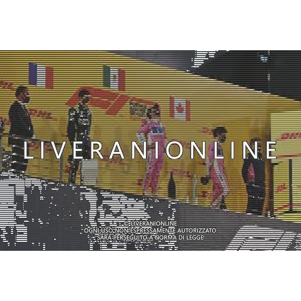 The podium (L to R): Esteban Ocon (FRA) Renault F1 Team, second; Sergio Perez (MEX) Racing Point F1 Team, race winner; Lance Stroll (CDN) Racing Point F1 Team, third. 06.12.2020. Formula 1 World Championship, Rd 16, Sakhir Grand Prix, Sakhir, Bahrain, Race Day. - www.xpbimages.com, EMail: requests@xpbimages.com © Copyright: Moy / XPB Images/AGENZIA ALDO LIVERANI SAS - ITALY ONLY EDITORIAL USE ONLY