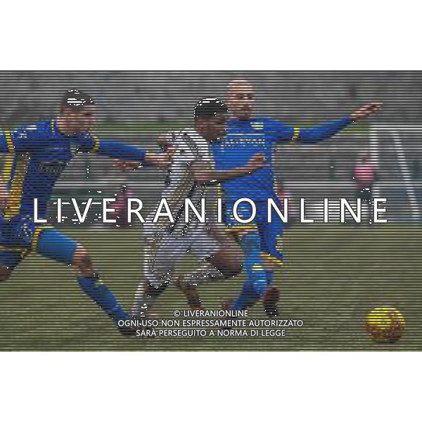 Fabio Fagiolini/LM - Carrarese vs Juventus U23 - Campionato di Calcio Serie C - Lega Pro 2020/2021 09 gennaio 2021 - Carrara, Italia Nella foto: Kevin Piscopo (Carrarese) e Federico Ermacora (Carrarese) provano a fermare Wesley De Andrade Oliveira (Juventus U23) @LM/Fabio Fagiolini AG ALDO LIVERANI SAS