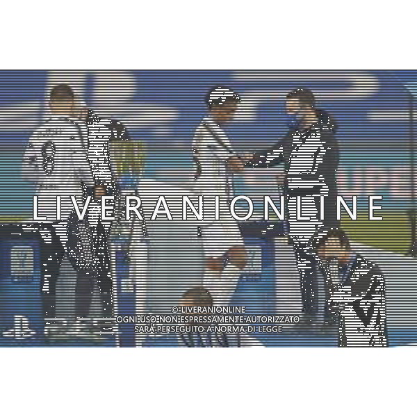 Reggio Emilia 20/01/2021 PS5 Supercoppa Italiana 2020/2021 Juventus vs Napoli - nella foto: Cuadrado Juan (Juventus f.c.) Ramsey Aaron (Juventus f.c.)sul podio a fine gara ©Claudio Zamagni/Agenzia Aldo Liverani Cuadrado Juan (Juventus f.c.) Ramsey Aaron (Juventus f.c.) at the end of the match during Italian\'s PS5 Super Cup 2020/2021 soccer match between JUVENTUS F.C and S.S.C.NAPOLI at Mapei Stadium in Reggio Emilia on January 20 2021 photo credit by Claudio Zamagni/Aldo Liverani Photo Agency