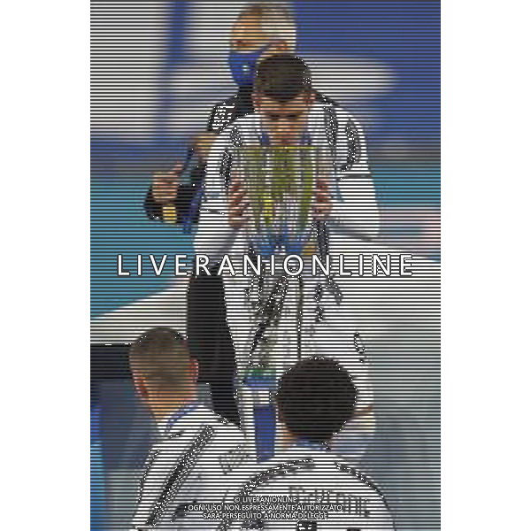 Reggio Emilia 20/01/2021 PS5 Supercoppa Italiana 2020/2021 Juventus vs Napoli - nella foto: Morata Alvaro(Juventus f.c.) bacia la coppa ©Claudio Zamagni/Agenzia Aldo Liverani during Italian\'s PS5 Super Cup 2020/2021 soccer match between JUVENTUS F.C and S.S.C.NAPOLI at Mapei Stadium in Reggio Emilia on January 20 2021 photo credit by Claudio Zamagni/Aldo Liverani Photo Agency