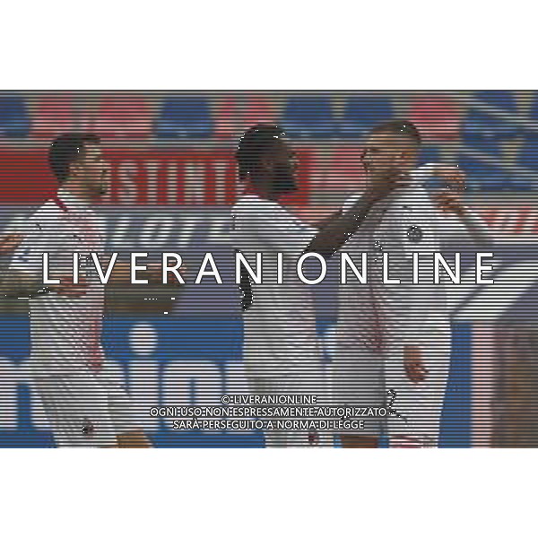 Bologna - Milan Campionato di Calcio Serie A TIM 30/01/2021 nella foto: Esultanza Hante Rebic(a.c. Milan)dopo il goal con franck kessie\' e alessio romagnoli ©Claudio Zamagni/Agenzia Aldo Liverani during Italian Serie A soccer match between BOLOGNA F.C. and A.C.MILAN at Renato Dall\'Ara Stadium on January 30 2021 photo credit by Claudio Zamagni/Aldo Liverani Photo Agency/ AGENZIA ALDO LIVERANI SAS