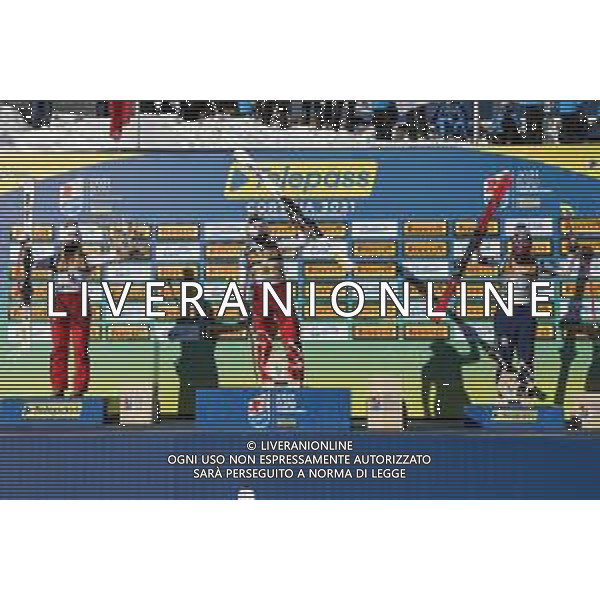 Luca Tedeschi/LM - 2021 FIS Alpine World SKI Championships - Super G - Women - alpine ski race 11 February 2021 - Olympia delle Tofane, cortina (bl), Italy Photo showing: Women\'s SG podium with Lara GUT-BEHRAMI (SUI), Corinne SUTER (SUI) and Mikaela SHIFFRIN (USA) @LM/Luca Tedeschi AG ALDO LIVERANI SAS