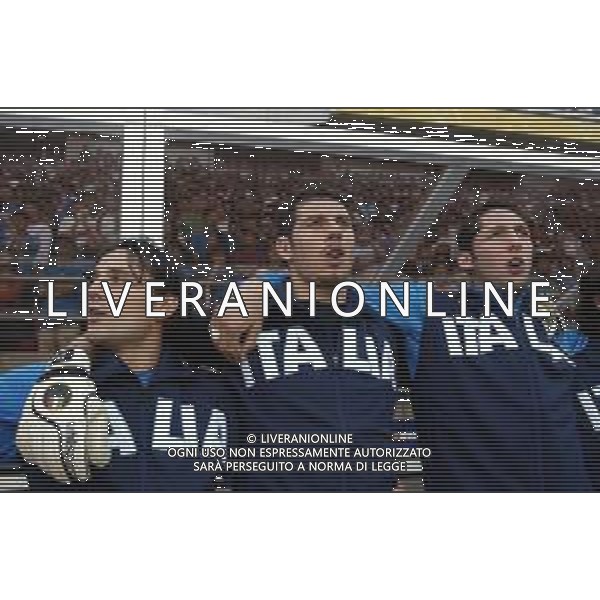 MONDIALI COREA E GIAPPONE 2002 NAZIONALE ITALIANA DI CALCIO NELLA FOTO MONTELLA VINCENZO, TOLDO FRANCESCO E MATERAZZI MARCO DURANTE L\'INNO Agenzia Aldo Liverani Sas