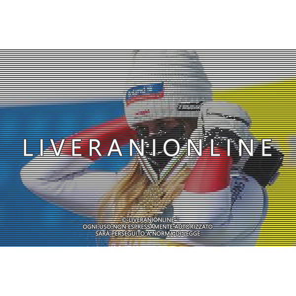 Luca Tedeschi/LM - 2021 FIS Alpine World SKI Championships - Downhill - Women - alpine ski race 13 February 2021 - Olympia delle Tofane, cortina (bl), Italy Photo showing: SUTER Corinne (SUI) Podium @LM/Luca Tedeschi AG ALDO LIVERANI SAS