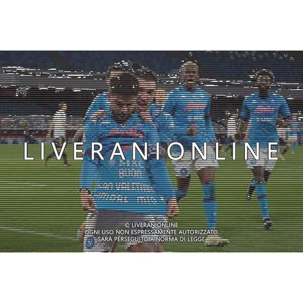 NAPOLI - JUVENTUS CAMPIONATO CALCIO SERIE A TIM 13.02.2021 nella foto Esultanza dopo il gol di Lorenzo Insigne - mostra la maglietta con buon san valentino ©MOSCA /AGENZIA ALDO LIVERANI SAS