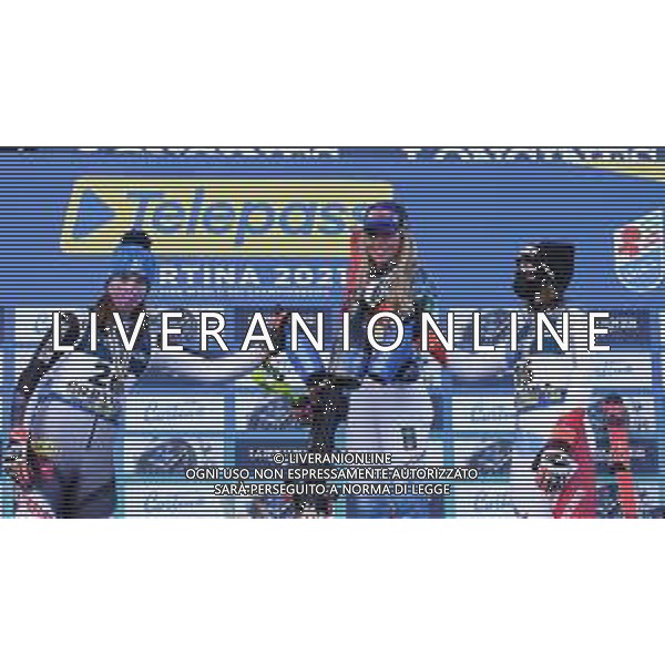 Sergio Bisi/LM - 2021 FIS Alpine World SKI Championships - Alpine Combined - Women - alpine ski race 15 February 2021 - Olympia delle Tofane, cortina (bl), Italy Photo showing: Podium @LM/Sergio Bisi AG ALDO LIVERANI SAS