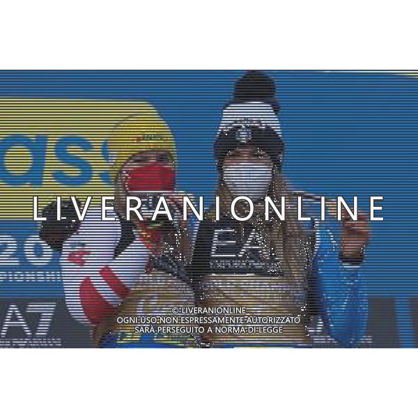 Sergio Bisi/LM - 2021 FIS Alpine World SKI Championships - Parallel Giant Slalom - Women - alpine ski race 16 February 2021 - Rumerlo, cortina (bl), Italy Photo showing: BASSINO Marta (ITA) - LIENSBERGER Katharina (AUT) Gold Medal @LM/Sergio Bisi AG ALDO LIVERANI SAS