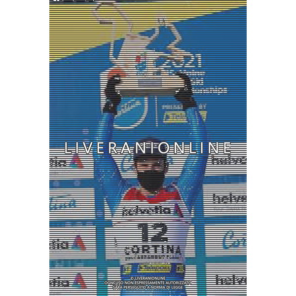 Francesco Scaccianoce/LM - 2021 FIS Alpine World SKI Championships - Giant Slalom - Men - alpine ski race 19 February 2021 - Labirinti, cortina (bl), Italy Photo showing: Luca De Aliprandini (ITA) on the podium @LM/Francesco Scaccianoce AG ALDO LIVERANI SAS