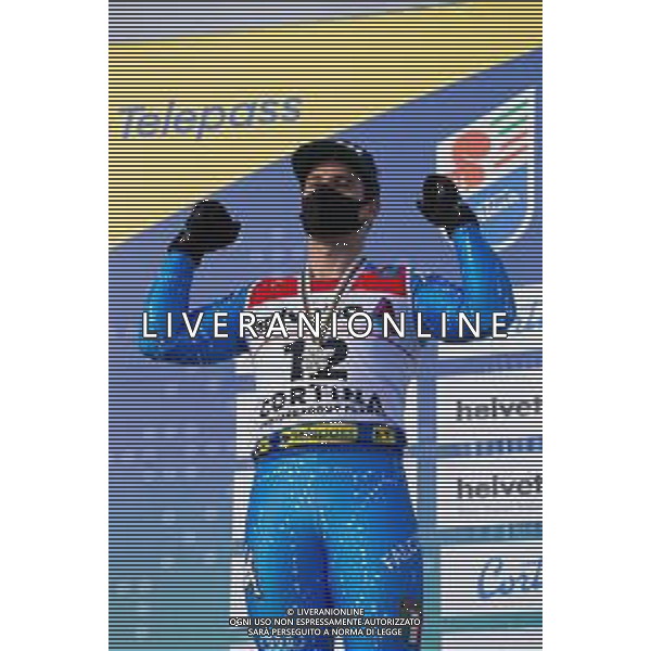 Francesco Scaccianoce/LM - 2021 FIS Alpine World SKI Championships - Giant Slalom - Men - alpine ski race 19 February 2021 - Labirinti, cortina (bl), Italy Photo showing: Luca De Aliprandini (ITA) on the podium with the silver medal @LM/Francesco Scaccianoce AG ALDO LIVERANI SAS