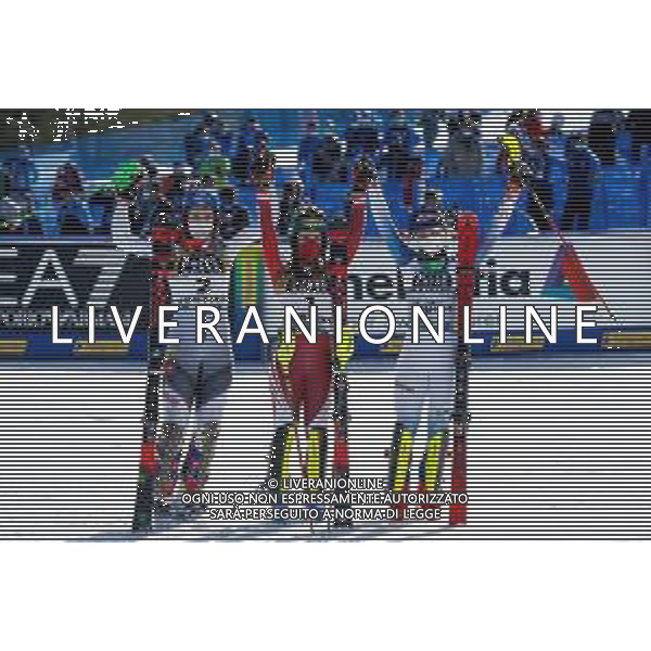 Francesco Scaccianoce/LM - 2021 FIS Alpine World SKI Championships - Slalom - Women - alpine ski race 20 February 2021 - Druscie, cortina (bl), Italy Photo showing: The podium: Petra Vlhova (SVK), Katharina Liensberger (AUT) and Mikaela Shiffrin (USA) @LM/Francesco Scaccianoce AG ALDO LIVERANI SAS