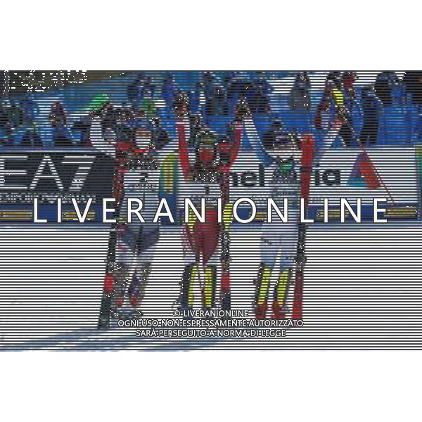 Francesco Scaccianoce/LM - 2021 FIS Alpine World SKI Championships - Slalom - Women - alpine ski race 20 February 2021 - Druscie, cortina (bl), Italy Photo showing: The podium: Petra Vlhova (SVK), Katharina Liensberger (AUT) and Mikaela Shiffrin (USA) @LM/Francesco Scaccianoce AG ALDO LIVERANI SAS