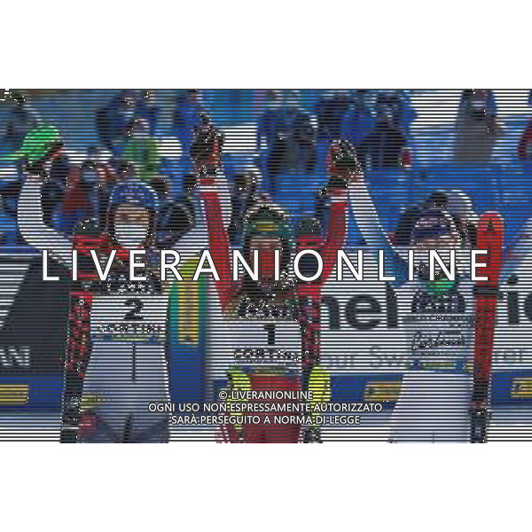 Francesco Scaccianoce/LM - 2021 FIS Alpine World SKI Championships - Slalom - Women - alpine ski race 20 February 2021 - Druscie, cortina (bl), Italy Photo showing: The podium: Petra Vlhova (SVK), Katharina Liensberger (AUT) and Mikaela Shiffrin (USA) @LM/Francesco Scaccianoce AG ALDO LIVERANI SAS