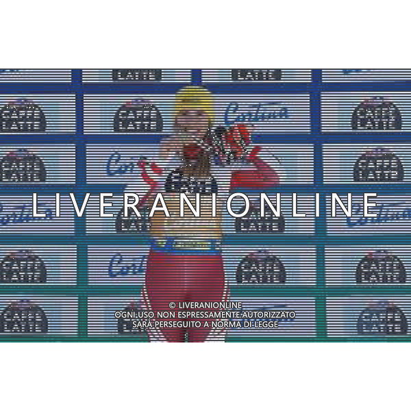 Francesco Scaccianoce/LM - 2021 FIS Alpine World SKI Championships - Slalom - Women - alpine ski race 20 February 2021 - Druscie, cortina (bl), Italy Photo showing: Katharina Liensberger (AUT) on the podium @LM/Francesco Scaccianoce AG ALDO LIVERANI SAS