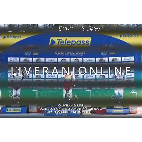 Francesco Scaccianoce/LM - 2021 FIS Alpine World SKI Championships - Slalom - Women - alpine ski race 20 February 2021 - Druscie, cortina (bl), Italy Photo showing: Petra Vlhova (SVK), Katharina Liensberger (AUT) and Mikaela Shiffrin (USA) on the podium @LM/Francesco Scaccianoce AG ALDO LIVERANI SAS