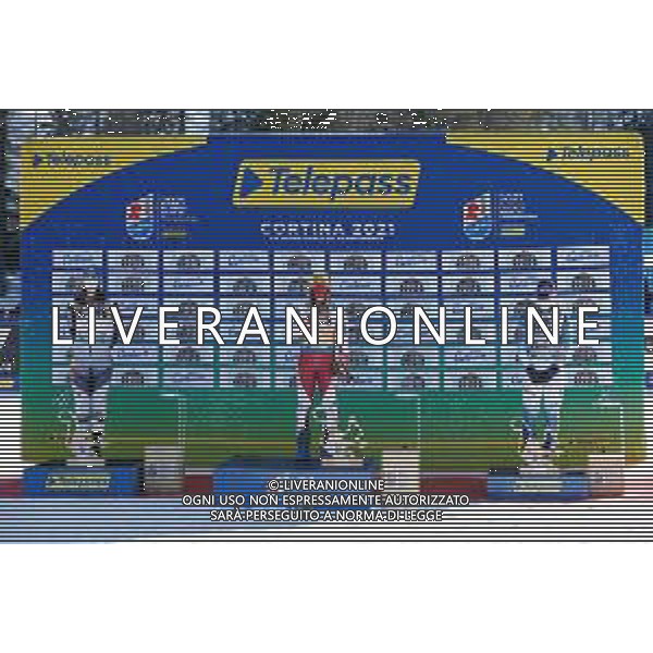 Francesco Scaccianoce/LM - 2021 FIS Alpine World SKI Championships - Slalom - Women - alpine ski race 20 February 2021 - Druscie, cortina (bl), Italy Photo showing: Petra Vlhova (SVK), Katharina Liensberger (AUT) and Mikaela Shiffrin (USA) on the podium @LM/Francesco Scaccianoce AG ALDO LIVERANI SAS