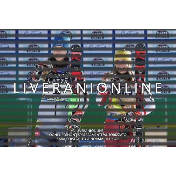 Francesco Scaccianoce/LM - 2021 FIS Alpine World SKI Championships - Slalom - Women - alpine ski race 20 February 2021 - Druscie, cortina (bl), Italy Photo showing: Katharina Liensberger (AUT) with her gold medal and Petra Vlhova (SVK) with her silver medal @LM/Francesco Scaccianoce AG ALDO LIVERANI SAS