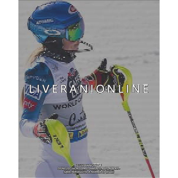 Franco Debernardi/LM - 2021 FIS Alpine World SKI Championships - Slalom - Women - alpine ski race 20 February 2021 - Druscie, cortina (bl), Italy Photo showing: USA Mikaela Shiffrin reacts after crosses the finish line for his Bronze medal @LM/Franco Debernardi AG ALDO LIVERANI SAS