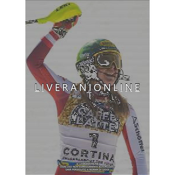 Franco Debernardi/LM - 2021 FIS Alpine World SKI Championships - Slalom - Women - alpine ski race 20 February 2021 - Druscie, cortina (bl), Italy Photo showing: Austrian Katharina Liensberger reacts after crosses the finish line for his Gold medal @LM/Franco Debernardi AG ALDO LIVERANI SAS