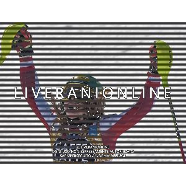 Franco Debernardi/LM - 2021 FIS Alpine World SKI Championships - Slalom - Women - alpine ski race 20 February 2021 - Druscie, cortina (bl), Italy Photo showing: Austrian Katharina Liensberger reacts after crosses the finish line for his Gold medal @LM/Franco Debernardi AG ALDO LIVERANI SAS