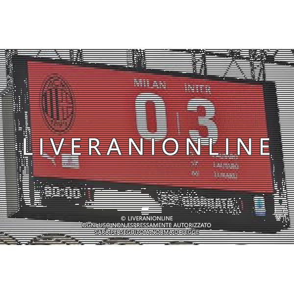 Tabellone luminoso con il risultato finale di 0-3 Milan vs Inter Campionato Serie A TIM - 23a giornata Milano 21-02-2021 Stadio Giuseppe Meazza - San Siro foto Roberto Garavaglia/ag. Aldo Liverani sas /AGENZIA ALDO LIVERANI SAS