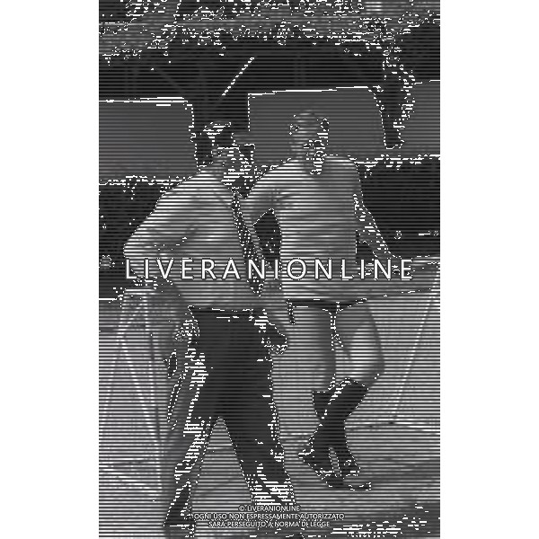 RETROSPETTIVA NILS LIEDHOLM ALLENATORE CALCIO NELLA FOTO NILS LIEDHOLM CON NEREO ROCCO A MILANELLO NELL\'ANNO 1977 AG ALDO LIVERANI SAS 