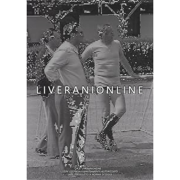 RETROSPETTIVA NILS LIEDHOLM ALLENATORE CALCIO NELLA FOTO NILS LIEDHOLM CON NEREO ROCCO A MILANELLO NELL\'ANNO 1977 AG ALDO LIVERANI SAS 