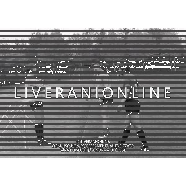 RETROSPETTIVA NILS LIEDHOLM ALLENATORE CALCIO NELLA FOTO NILS LIEDHOLM CON IL PROFESSOR ARISTIDE FACCHINI E GIANNI RIVERA A MILANELLO NELL\'ANNO 1977 AG ALDO LIVERANI SAS  