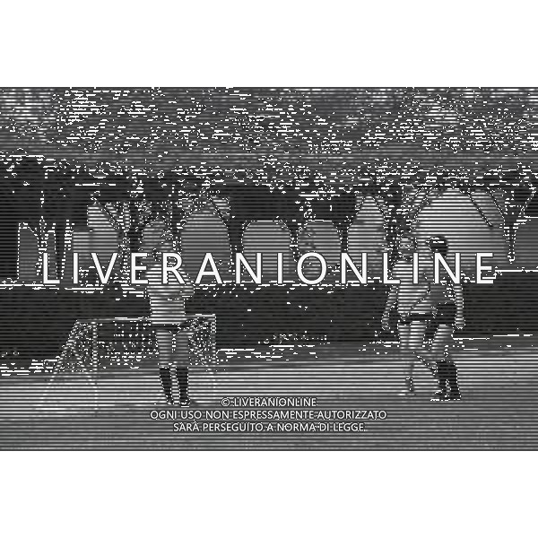 RETROSPETTIVA NILS LIEDHOLM ALLENATORE CALCIO NELLA FOTO NILS LIEDHOLM CON IL PROFESSOR ARISTIDE FACCHINI E GIANNI RIVERA A MILANELLO NELL\'ANNO 1977 AG ALDO LIVERANI SAS  