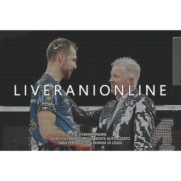 Cerquiglinio/LMedia - Playoff - Semifinali - Sir Safety Conad Perugia vs Vero Volley Monza - Campionato di Volley Superlega Serie A 2020/2021 04 aprile 2021 - Pala Barton, Perugia, Italia Nella foto: travica dragan (n.04 setter sir safety conad perugia) heynen vital (coach sir safety conad perugia) esultasno per l\' accesso alla finale scudetto @Cerquiglinio/LMedia AG ALDO LIVERANI SAS