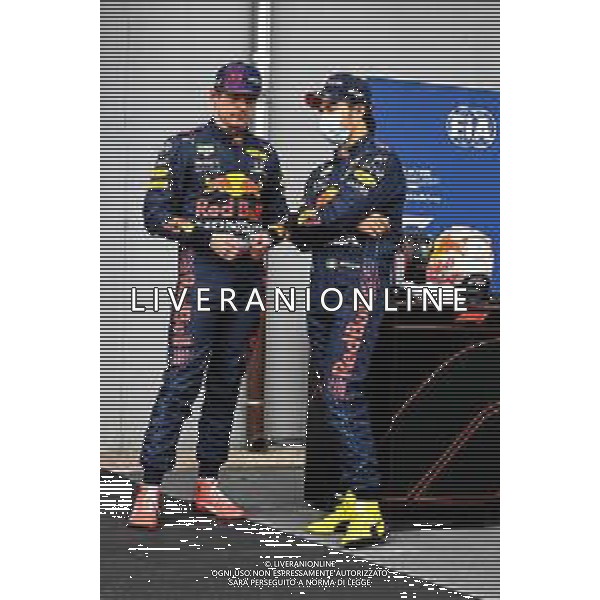 (L to R): Third placed Max Verstappen (NLD) Red Bull Racing with second placed team mate Sergio Perez (MEX) Red Bull Racing in qualifying parc ferme. 17.04.2021. Formula 1 World Championship, Rd 2, Emilia Romagna Grand Prix, Imola, Italy, Qualifying Day. - www.xpbimages.com, EMail: requests@xpbimages.com © Copyright: FIA Pool Image for Editorial Use Only/ AGENZIA ALDO LIVERANI SAS - ITALY ONLY EDITORIAL USE ONLY