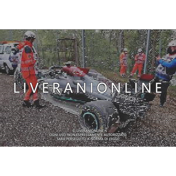 The damaged Mercedes AMG F1 W12 of Valtteri Bottas (FIN), who crashed out of the race. 18.04.2021. Formula 1 World Championship, Rd 2, Emilia Romagna Grand Prix, Imola, Italy, Race Day. - www.xpbimages.com, EMail: requests@xpbimages.com © Copyright: Batchelor / XPB Images / AGENZIA ALDO LIVERANI SAS - ITALY ONLY EDITORIAL USE ONLY