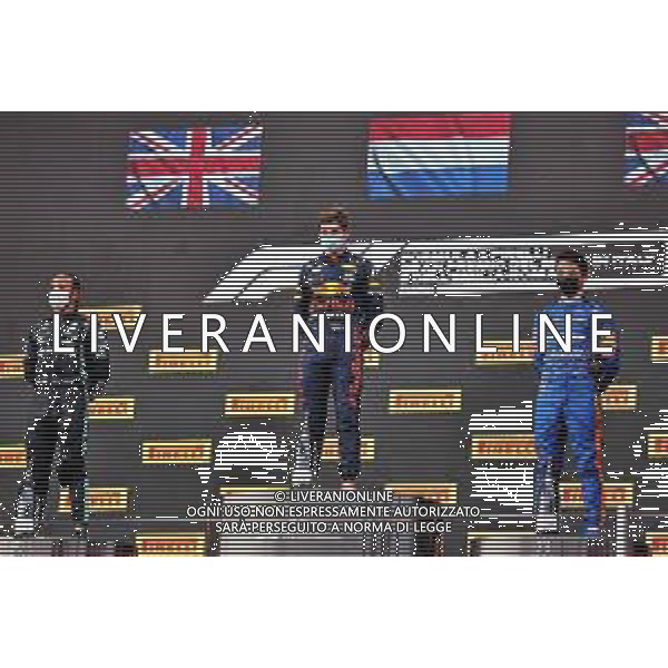 The podium (L to R): Lewis Hamilton (GBR) Mercedes AMG F1, second; Max Verstappen (NLD) Red Bull Racing, race winner; Lando Norris (GBR) McLaren, third. 18.04.2021. Formula 1 World Championship, Rd 2, Emilia Romagna Grand Prix, Imola, Italy, Race Day. - www.xpbimages.com, EMail: requests@xpbimages.com © Copyright: Batchelor / XPB Images / AGENZIA ALDO LIVERANI SAS - ITALY ONLY EDITORIAL USE ONLY