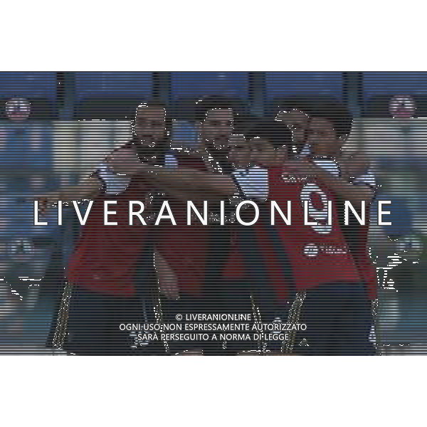 25-4-2021. Cagliari Calcio - A.S. Roma, Serie A 2020-2021, Italia, Sardegna, Cagliari, Stadio Sardegna Arena. Nella foto: gol ed esultanza di Charalampos Lykogiannis Cagliari contro roma in casa 1-0 ©MOI/AGENZIA ALDO LIVERANI SAS