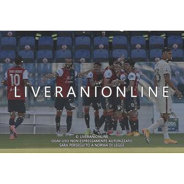 25-4-2021. Cagliari Calcio - A.S. Roma, Serie A 2020-2021, Italia, Sardegna, Cagliari, Stadio Sardegna Arena. Nella foto: gol ed esultanza di Charalampos Lykogiannis Cagliari contro roma in casa 1-0 ©MOI/AGENZIA ALDO LIVERANI SAS